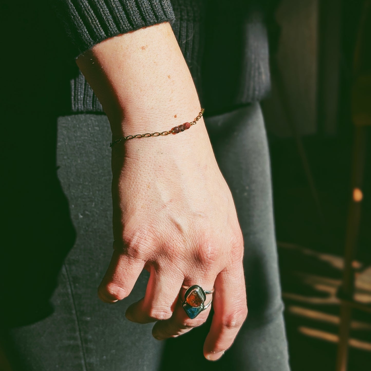 Rhodonite Bracelet - Handcrafted Crystal and Brass Jewelry (Stone of Love)