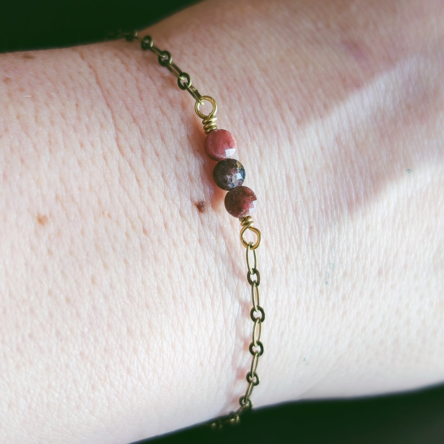 Rhodonite Bracelet - Handcrafted Crystal and Brass Jewelry (Stone of Love)