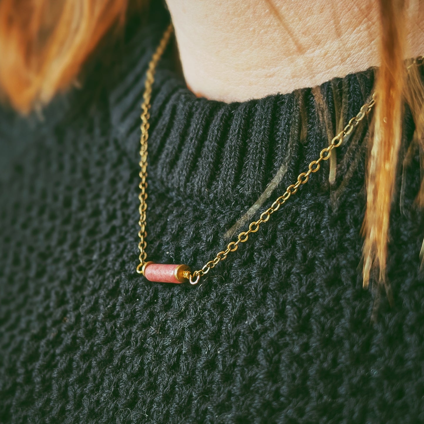 Rhodonite Necklace - Handcrafted Crystal and Brass Jewelry (Stone of Love)