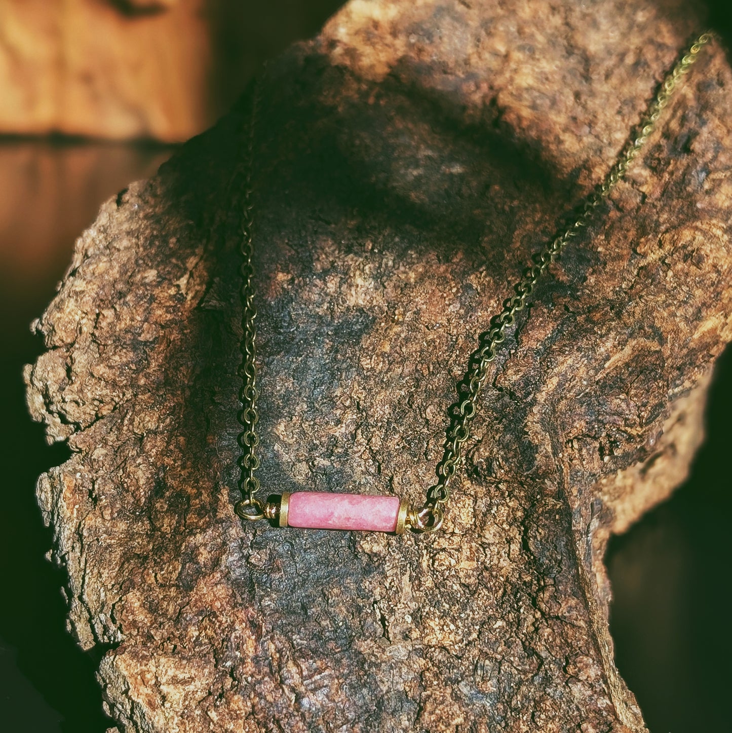 Rhodonite Necklace - Handcrafted Crystal and Brass Jewelry (Stone of Love)
