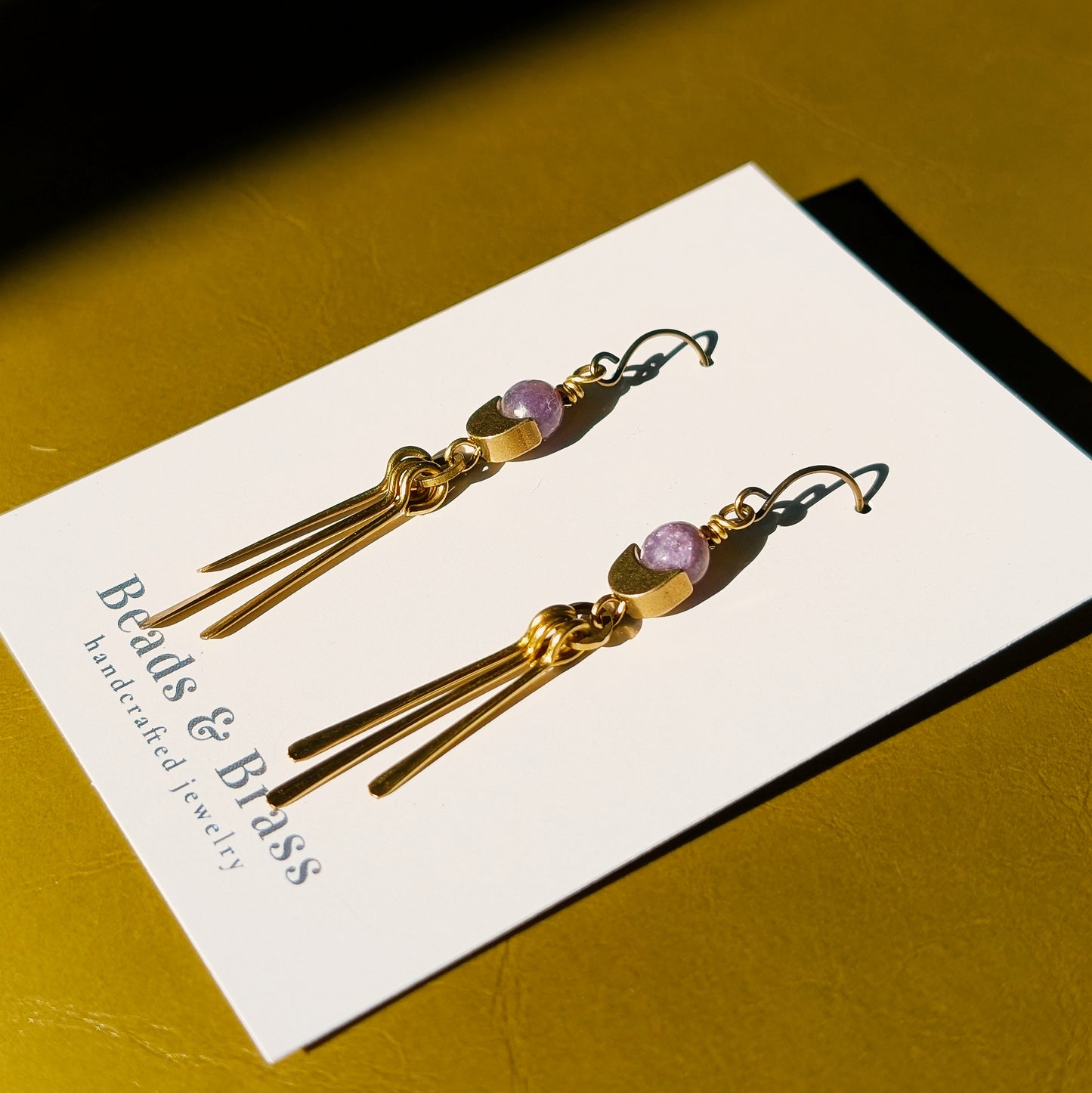 Lepidolite Earrings - Handcrafted Crystal and Brass Jewelry (Stone of Self-Growth)