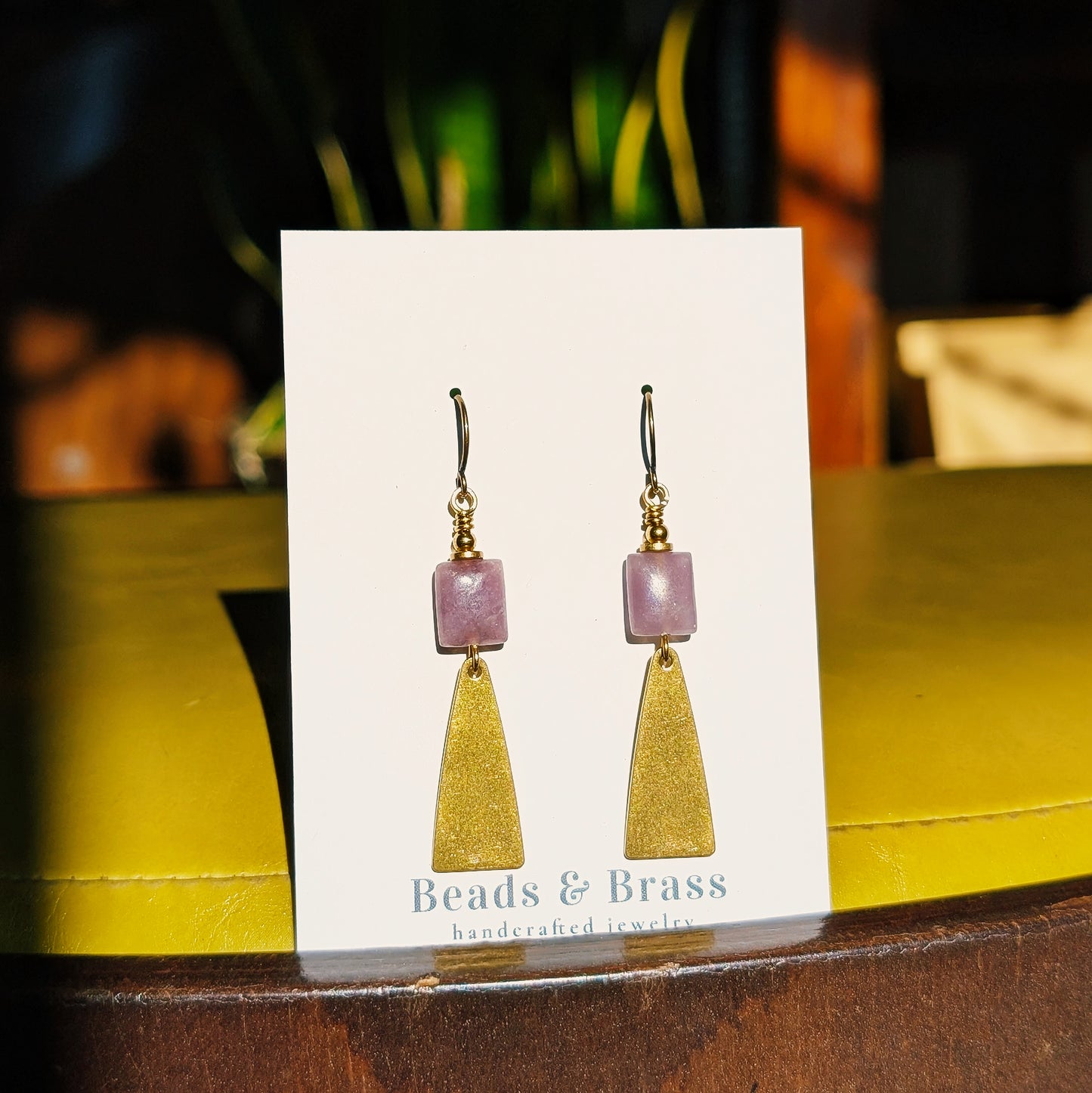 Lepidolite Earrings - Handcrafted Crystal and Brass Jewelry (Stone of Self-Growth)