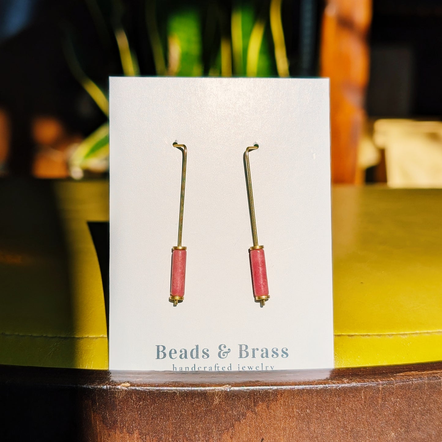 Rhodonite Earrings - Handcrafted Crystal and Brass Jewelry (Stone of Love)