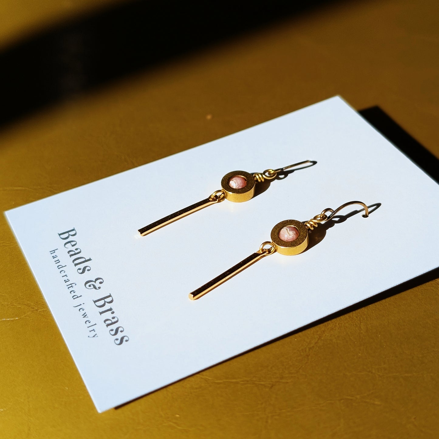 Rhodonite Earrings - Handcrafted Crystal and Brass Jewelry (Stone of Love)