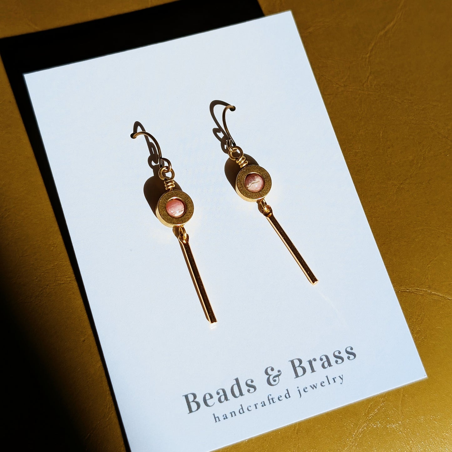 Rhodonite Earrings - Handcrafted Crystal and Brass Jewelry (Stone of Love)