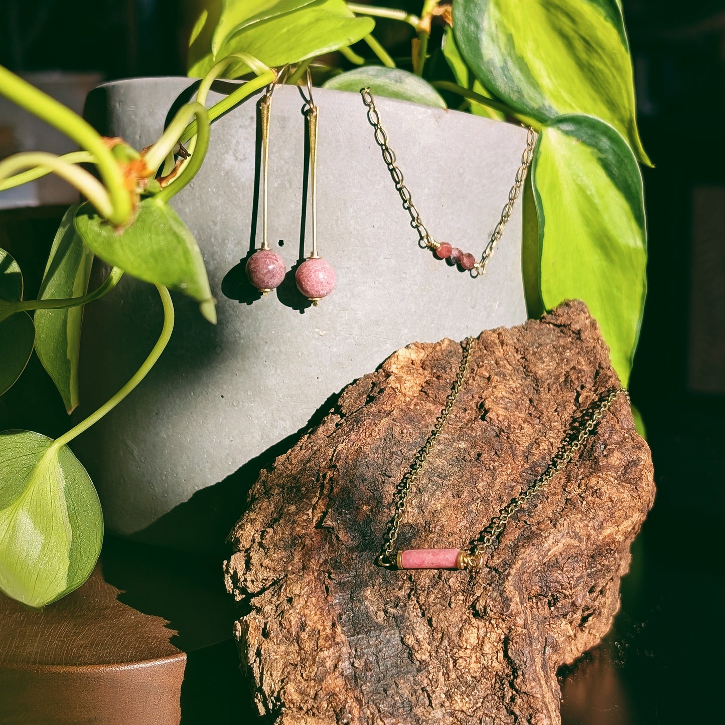 Rhodonite Necklace - Handcrafted Crystal and Brass Jewelry (Stone of Love)